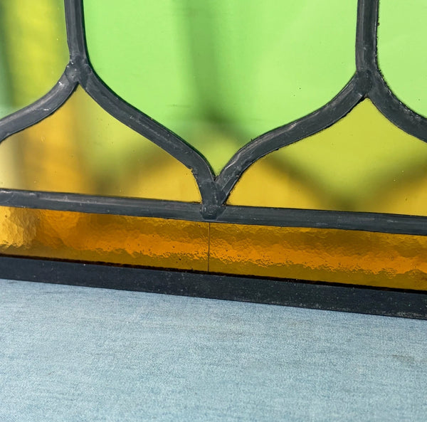 40" Wide Antique French Stained Glass Window Panel with Green & Yellow Glass