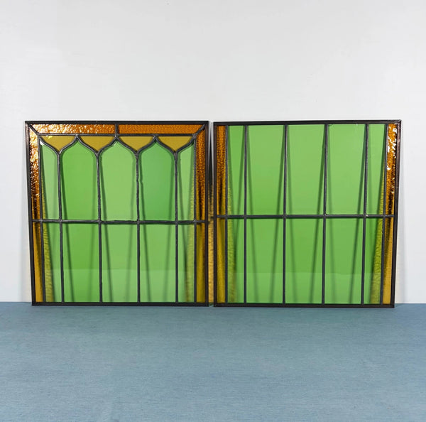 43" Tall Pair of Antique French Stained Glass Window Panels Green & Yellow Glass