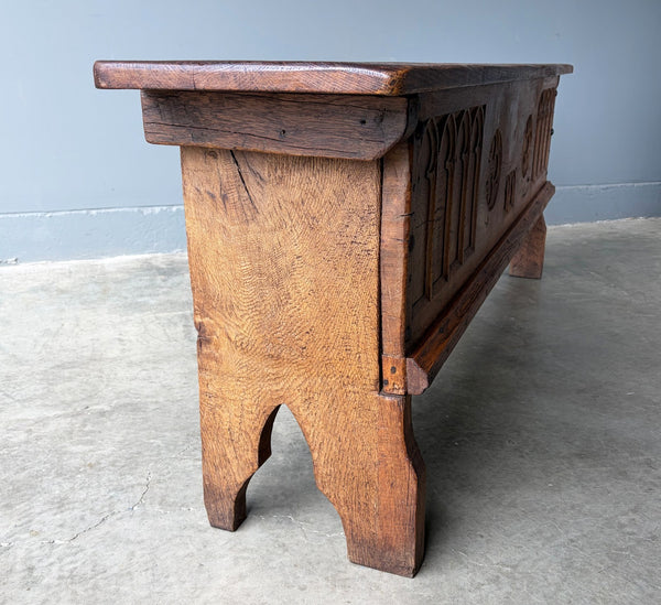 Antique French Gothic Revival Solid Oak Wood Storage Bench/Settee/Chair Rustic