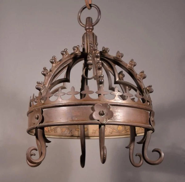 Antique Gothic French Bronze Crown Chandelier Pendent Hanging Lamp