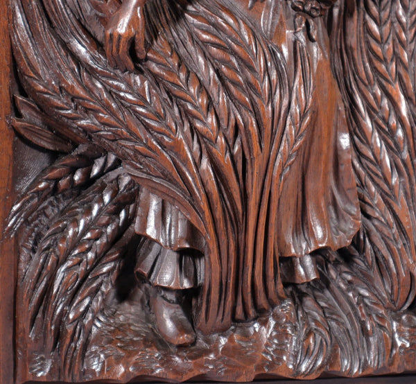 Antique French Solid Walnut Wood Highly Carved Panel w/Woman Harvesting Wheat