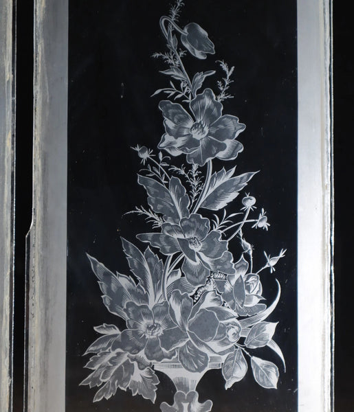 56" Tall Pair of Antique French Etched Glass Windows Frosted Glass with Flowers