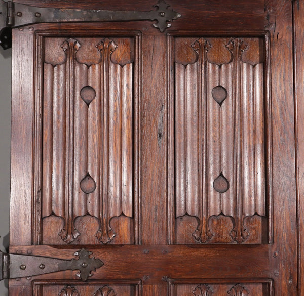 Pair of French Antique Neo Gothic Cabinet Doors in Oak Wood Linen Fold Carvings