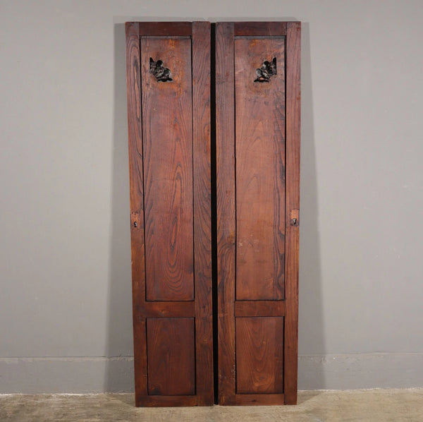 63" Tall Pair of French Antique Doors Carved Breton Panels Solid Chestnut Wood