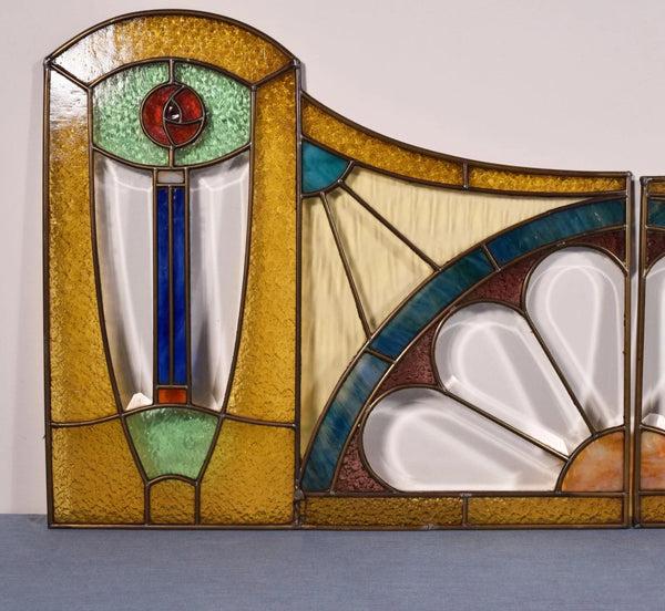 Pair of Vintage French Art Deco Stained Glass Panels with Copper Frames