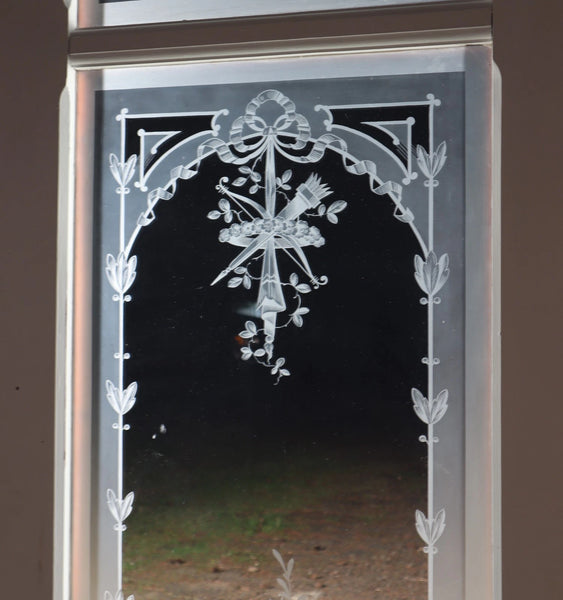 87" Tall Pair of Antique French Etched Glass Windows Frosted Glass with Flowers