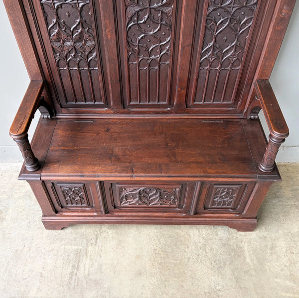 72" Tall Antique French Gothic Revival Oak Wood Bench/Settee/Chair Highly Carved