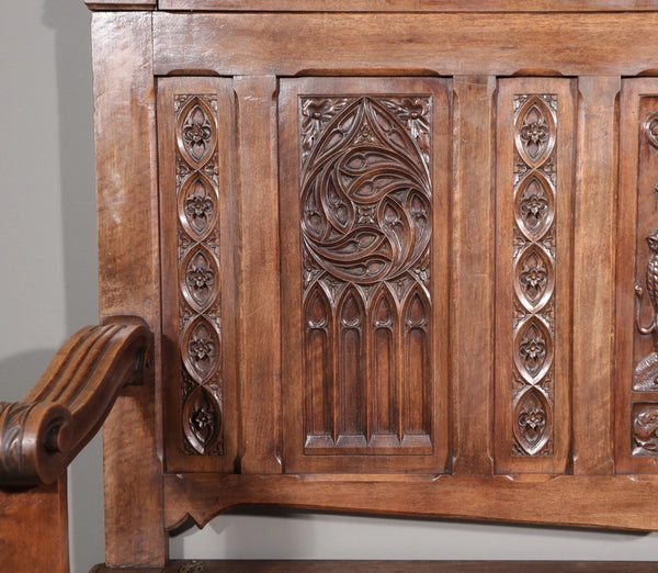 Antique French Gothic Revival Walnut Wood Bench/Settee/Chair Highly Carved