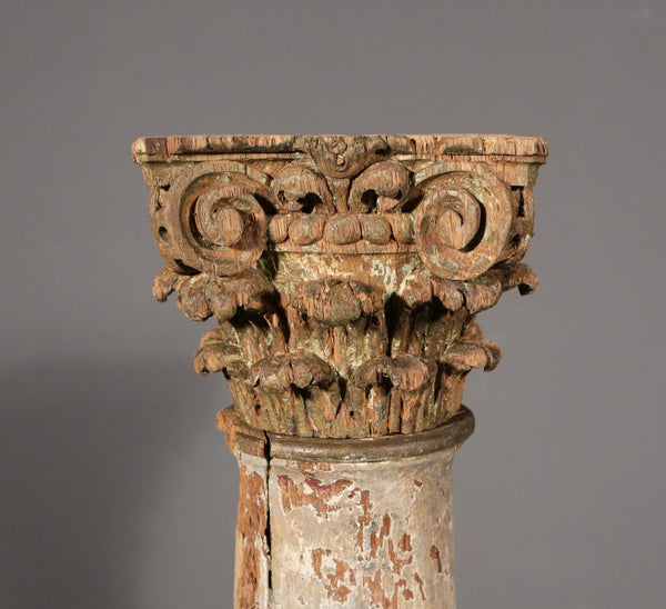 Antique French Solid Oak Highly Carved Corinthian Fireplace Side Pillars Rustic