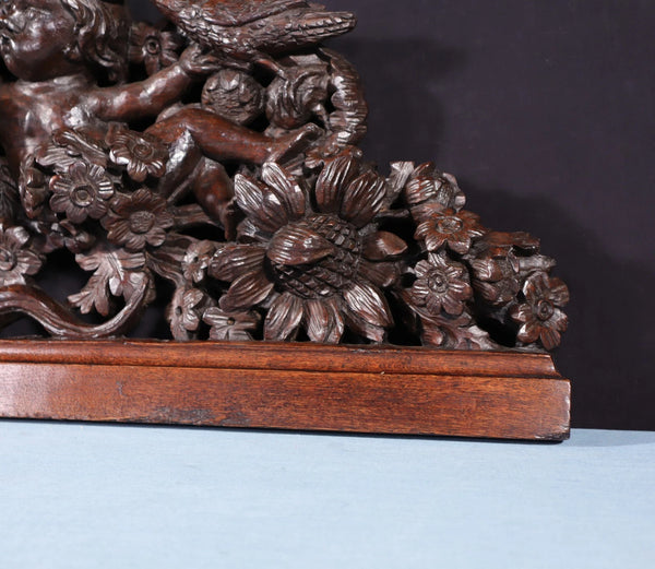 62" Wide XL Antique French Solid Oak Wood Highly Carved Crest with Bird