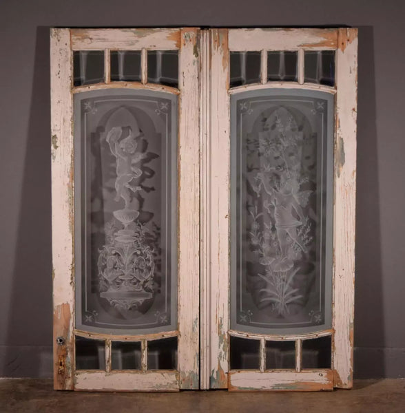 Pair of Antique French Etched Glass Windows Frosted Glass with Cherubs