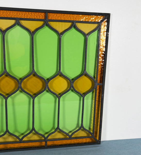 45" Wide French Antique Stained Glass Window Panel with Green & Yellow Glass