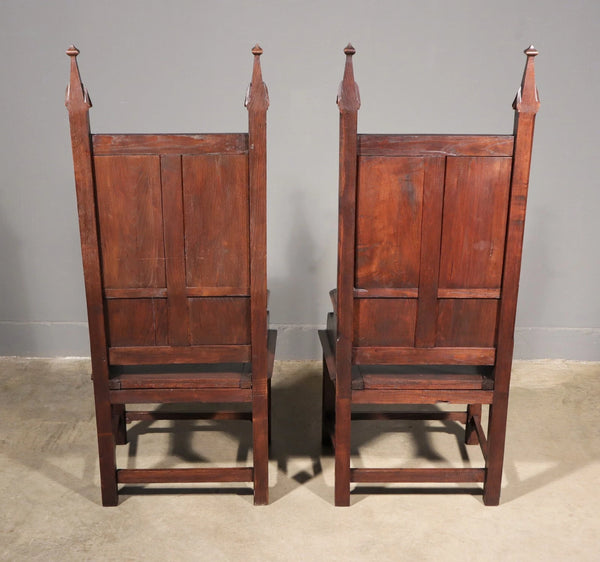 Large Pair of Antique Gothic Arm/Throne Chairs Solid Chestnut Hand Carved Wood