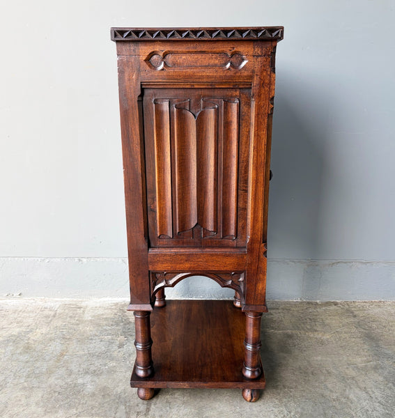 Antique French Gothic Solid Walnut Night Stand/Cabinet With Detailed Carvings