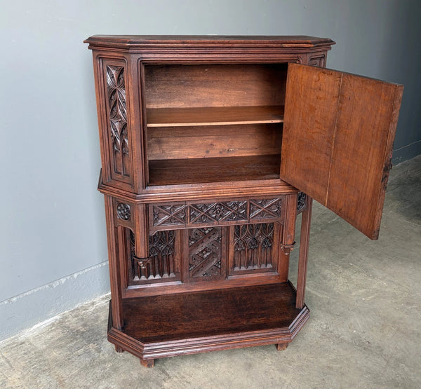 Antique French Gothic Revival Cabinet/Console/Sideboard,Highly Carved Oak Wood
