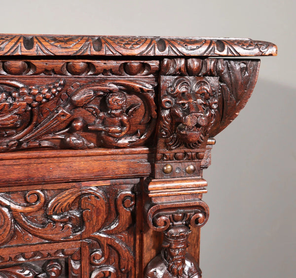 1700's Antique French Renaissance Sideboard in Solid Wood Oak Highly Carved