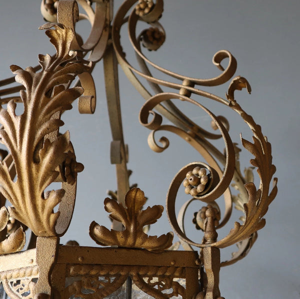 36" Tall XL French Antique Iron and Stained Glass Hanging Chandelier/Lamp