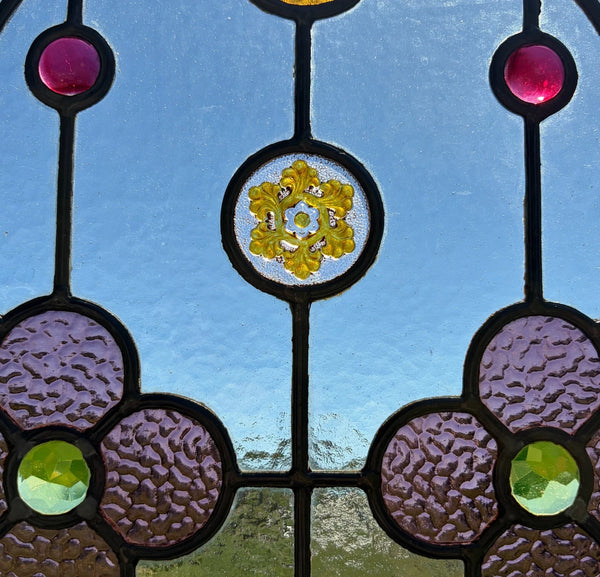 38" Tall Antique French Stained/Leaded Glass Panel w/Griffin and Uranium Glass
