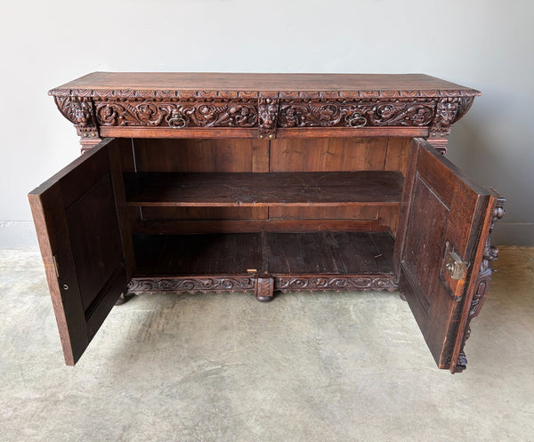 1700's Antique French Renaissance Sideboard in Solid Wood Oak Highly Carved