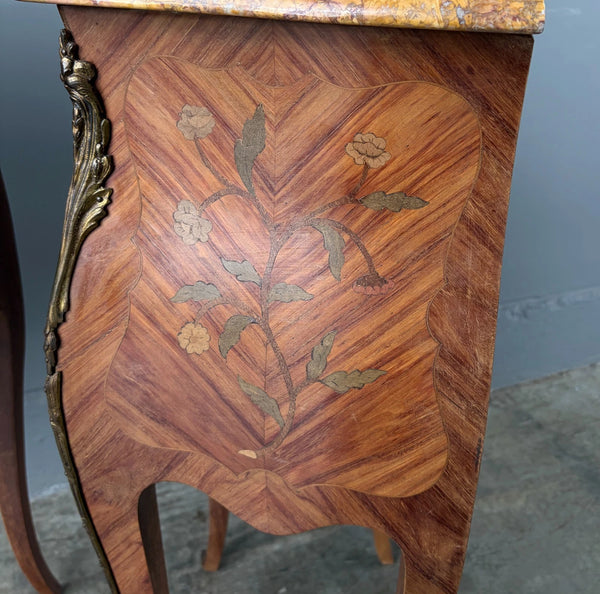 Pair of 30" Tall Antique French Louis XV Inlayed Nightstands with Marble Tops