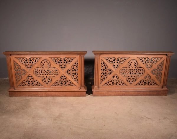 Pair of 59" Long Antique Gothic Revival Oak Wood Prayer Rails With Storage