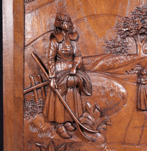 25" Tall Antique French Highly Carved Breton Panel in Solid Chestnut Wood