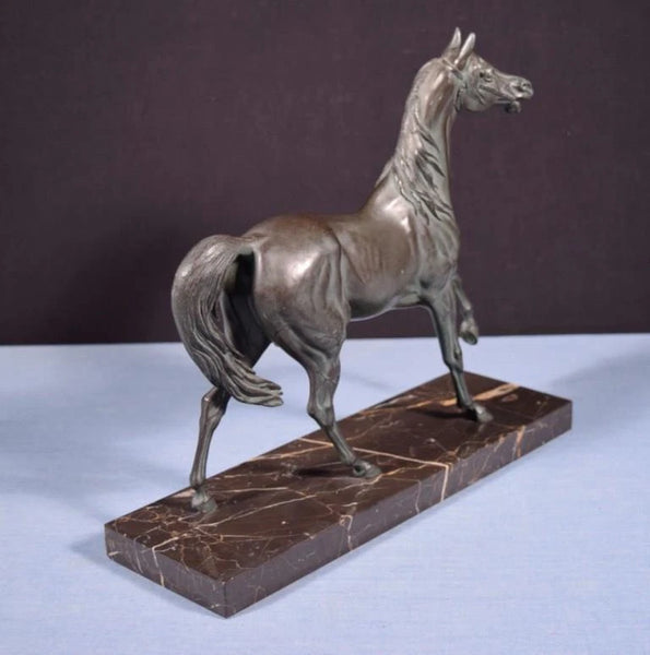 12" Tall Antique French Spelter Life Like Horse Statue with Black Marble Base