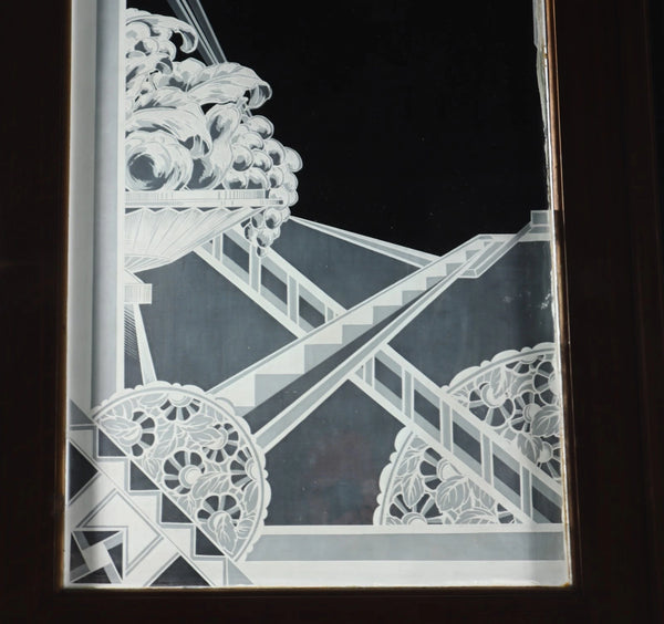 Pair of Antique French Art Deco Etched Glass Doors Frosted Glass w/Pine Frames