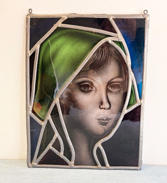 12" Tall Vintage Belgian/Flanders Stained/Leaded Glass Panel of Nele