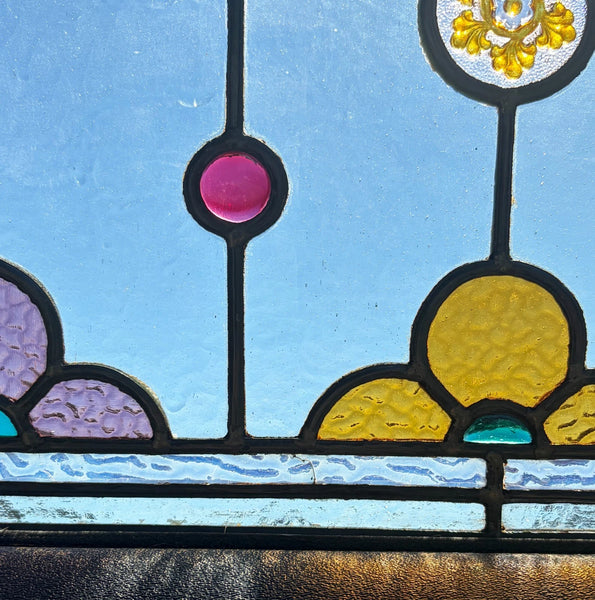 38" Tall Antique French Stained/Leaded Glass Panel w/Griffin and Uranium Glass