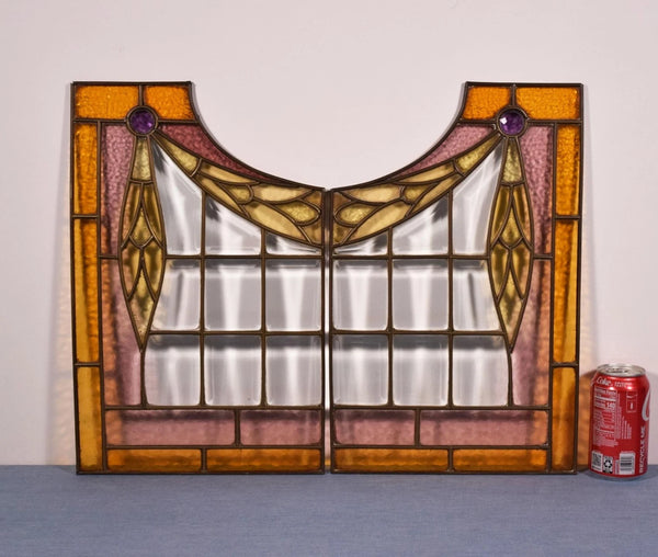 Pair of Vintage French Art Deco Stained Glass Panels with Copper Frames