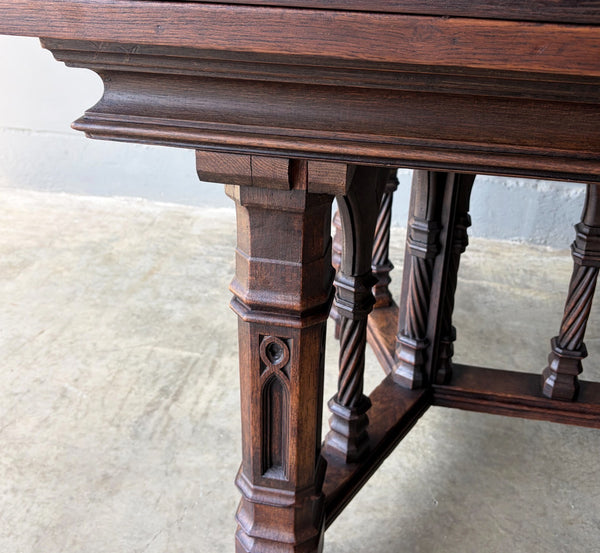 Vintage French Gothic Dining Table in Solid Oak Wood with Highly Detailed Base