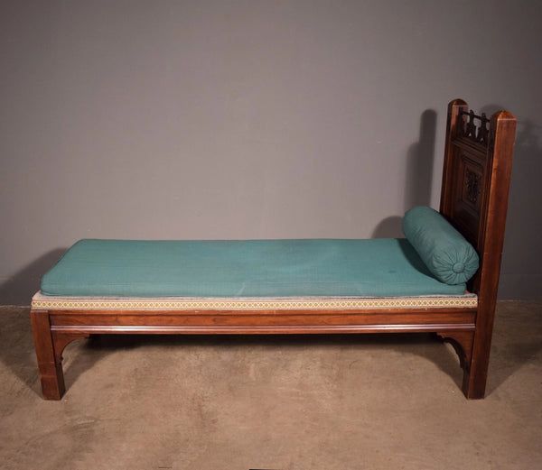 74" Long French Antique Neo Gothic Day Bed Solid Walnut with Green Silk Cushions