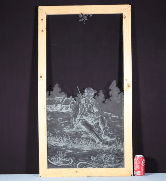 37" Tall Antique French Etched Glass Window with Rural Scene Man by the Water
