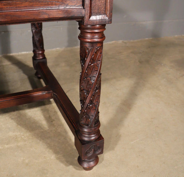 French Antique Gothic Revival Desk with Chair in Solid Carved Chestnut Wood