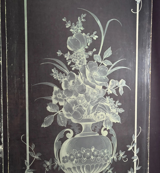 47" Tall Pair of Antique French Etched Beveled Glass Windows Frosted Glass