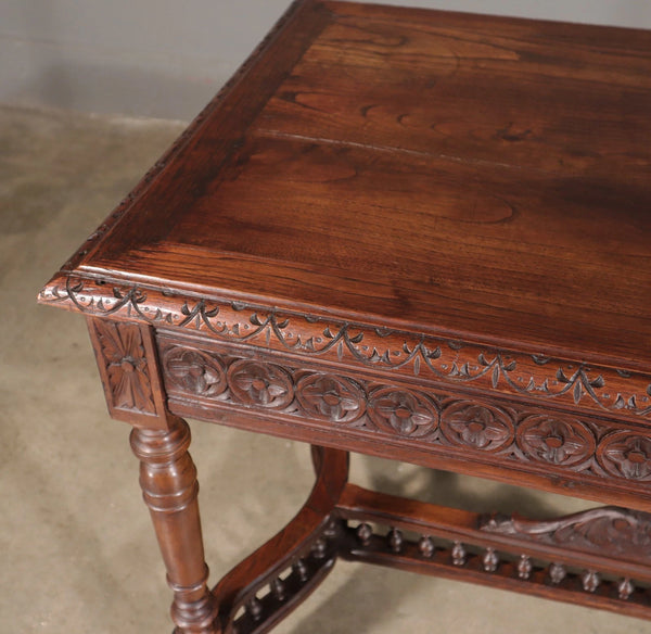 Antique French Breton Desk/Library Table in Solid Chestnut Wood with Carvings