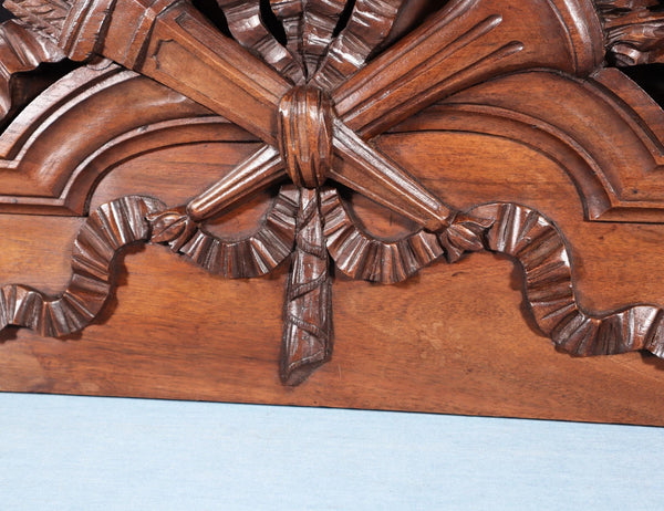 46" Wide Antique French Solid Walnut Wood Louis XVI Highly Carved Detailed Crest