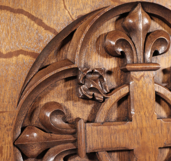 Antique French Gothic Revival Panel Carved Solid Oak Wood Salvage Christian