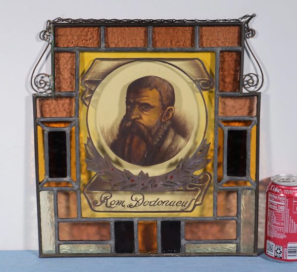 13" Tall Antique French Stained/Leaded Glass Panel w/ Portrait Rembert Dodoens