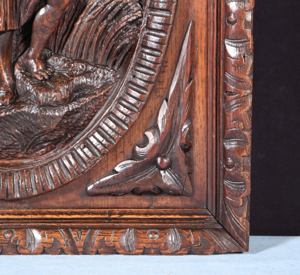 24" Tall Antique French Solid Oak Panel Highly Carved Harvest Theme w/Woman