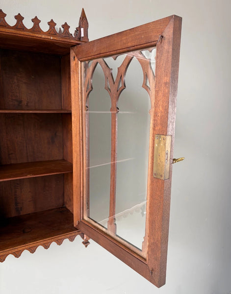 French Antique Gothic Revival Solid Oak and Walnut Wood Bar or Wall Cabinet