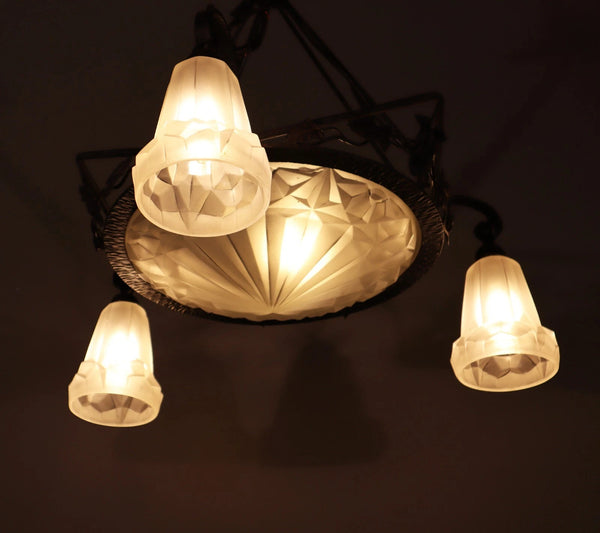 Antique French Art Deco Chandelier with Frosted Glass and Iron Signed by Degué