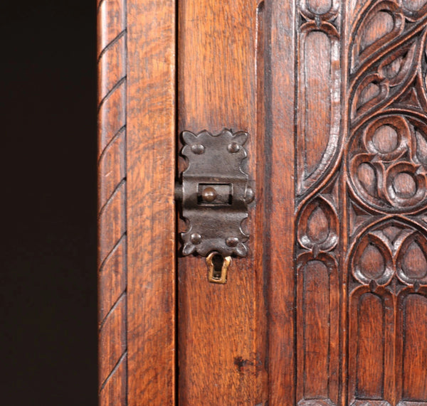 50" Tall Pair of Vintage French Solid Oak Wood Highly Carved Gothic Cabinets