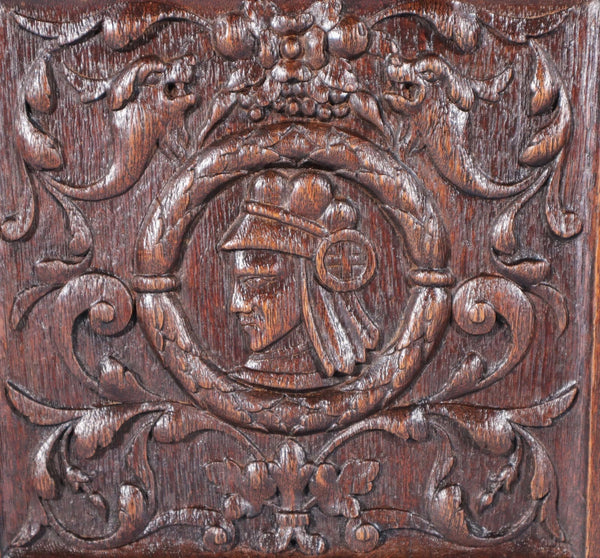 Antique French Solid Oak Highly Carved Panel with Portrait Carving Late 1800's