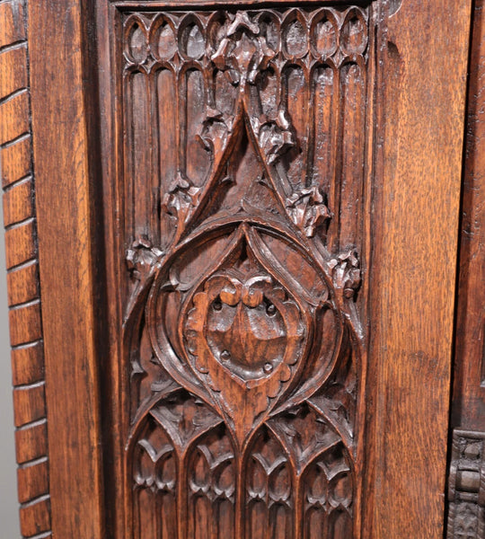 63" Tall Antique French Gothic Revival Cabinet Highly Carved in Solid Oak Wood