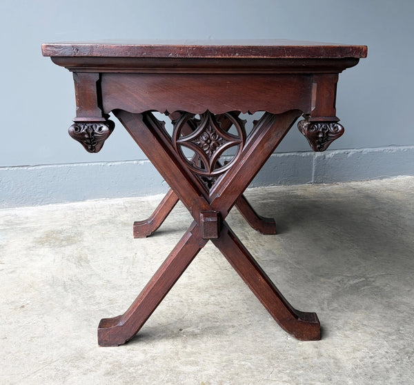 Antique French Gothic Desk/Library Table in Chestnut/Walnut Wood with Drawer