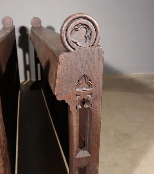 Pair of 79" Long Antique Gothic Revival Solid Oak Wood Prayer Church Rails