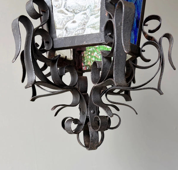 25" Tall French Antique Iron and Stained Glass Hanging Chandelier/Pendant Lamp
