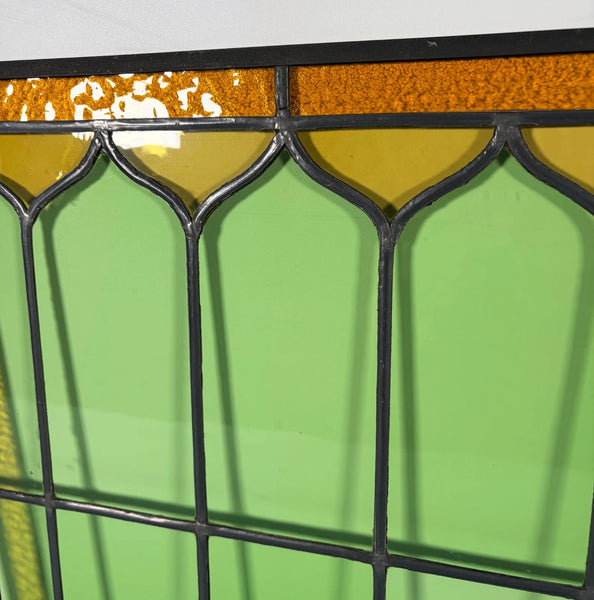 43" Tall Pair of Antique French Stained Glass Window Panels Green & Yellow Glass